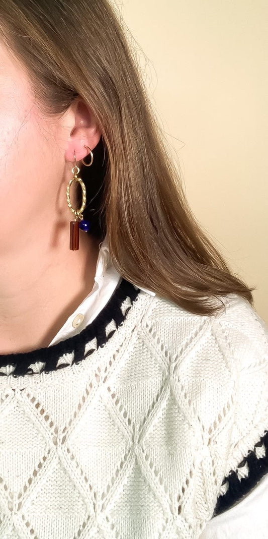 Vertical Oval Earrings with Mocha and Cobalt Beads