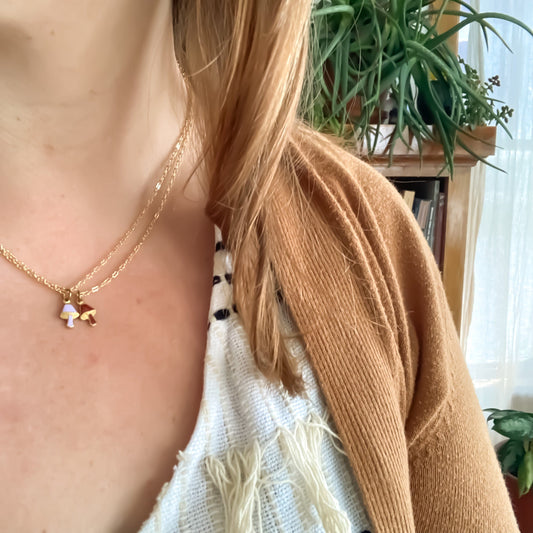 Tiny Mushroom Charm Necklace in Oxblood