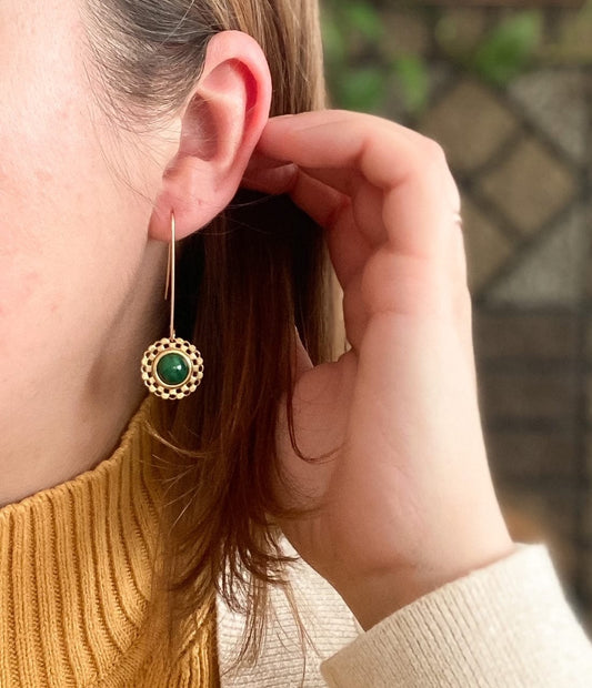 Checkered Circle Earrings in Malachite